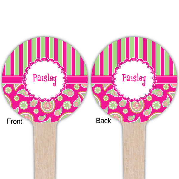Pink & Green Paisley and Stripes Wooden 4" Food Pick - Round - Double Sided - Front & Back