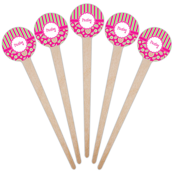 Pink & Green Paisley and Stripes Wooden 4" Food Pick - Round - Fan View