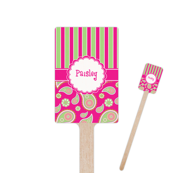 Custom Pink & Green Paisley and Stripes 6.25" Rectangle Wooden Stir Sticks - Single Sided (Personalized)