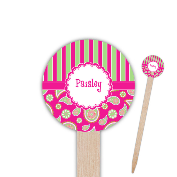 Custom Pink & Green Paisley and Stripes Round Wooden Food Picks (Personalized)