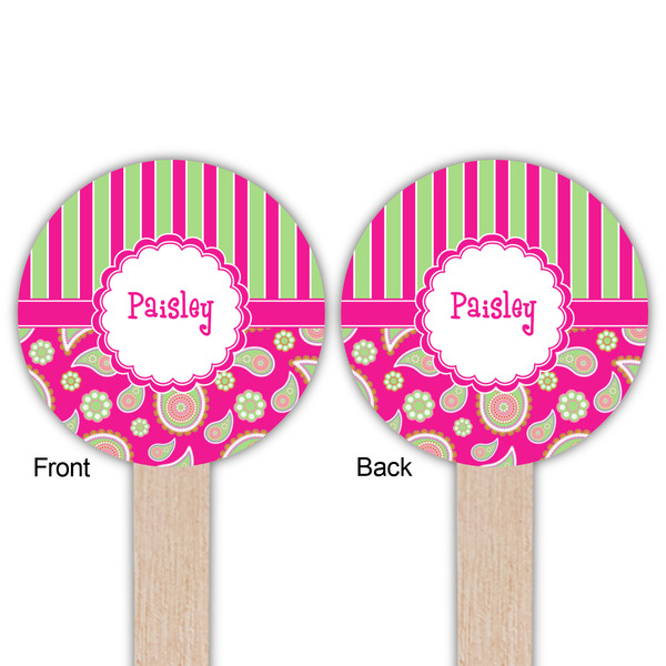 Pink & Green Paisley and Stripes Wooden 6" Food Pick - Round - Double Sided - Front & Back