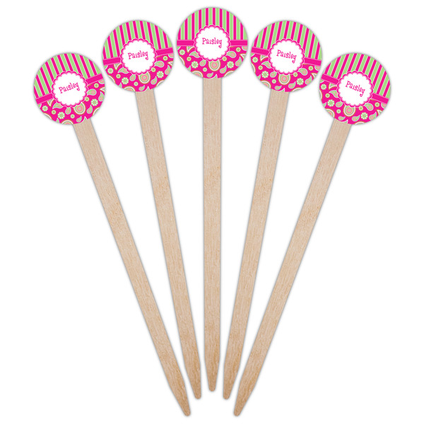Pink & Green Paisley and Stripes Wooden 6" Food Pick - Round - Fan View