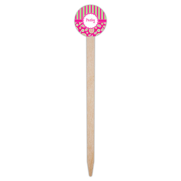 Pink & Green Paisley and Stripes Wooden 6" Food Pick - Round - Single Pick