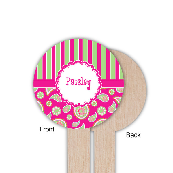 Pink & Green Paisley and Stripes Wooden 6" Food Pick - Round - Single Sided - Front & Back