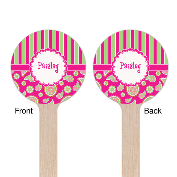 Pink & Green Paisley and Stripes Wooden 6" Stir Stick - Round - Double Sided - Front & Back
