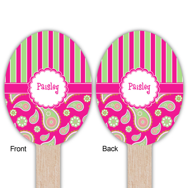 Pink & Green Paisley and Stripes Wooden Food Pick - Oval - Double Sided - Front & Back