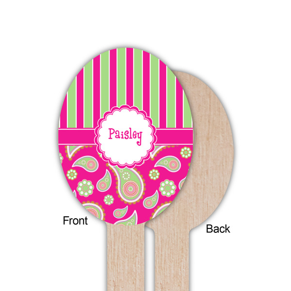 Pink & Green Paisley and Stripes Wooden Food Pick - Oval - Single Sided - Front & Back