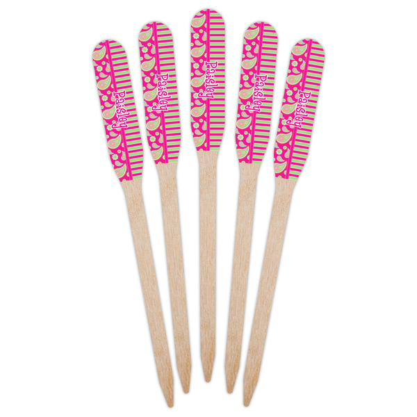 Pink & Green Paisley and Stripes Wooden Food Pick - Paddle - Fan View