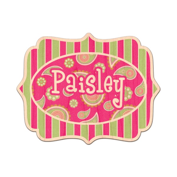 Custom Pink & Green Paisley and Stripes Genuine Maple or Cherry Wood Sticker (Personalized)