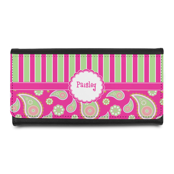 Custom Pink & Green Paisley and Stripes Leatherette Ladies Wallet (Personalized)