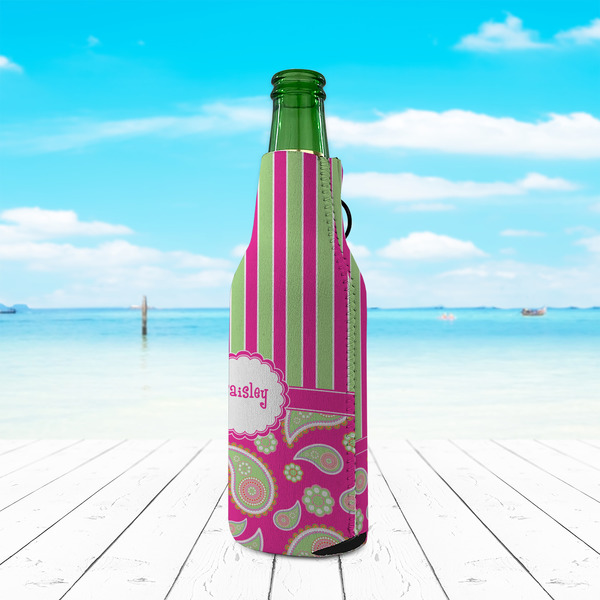 Pink & Green Paisley and Stripes Zipper Bottle Cooler - LIFESTYLE