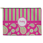 Pink & Green Paisley and Stripes Zipper Pouch - Large - 12.5"x8.5" (Personalized)