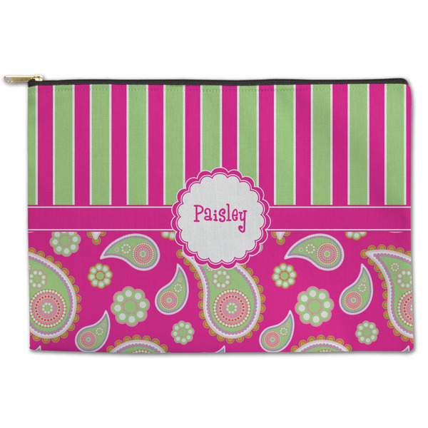 Custom Pink & Green Paisley and Stripes Zipper Pouch - Large - 12.5"x8.5" (Personalized)