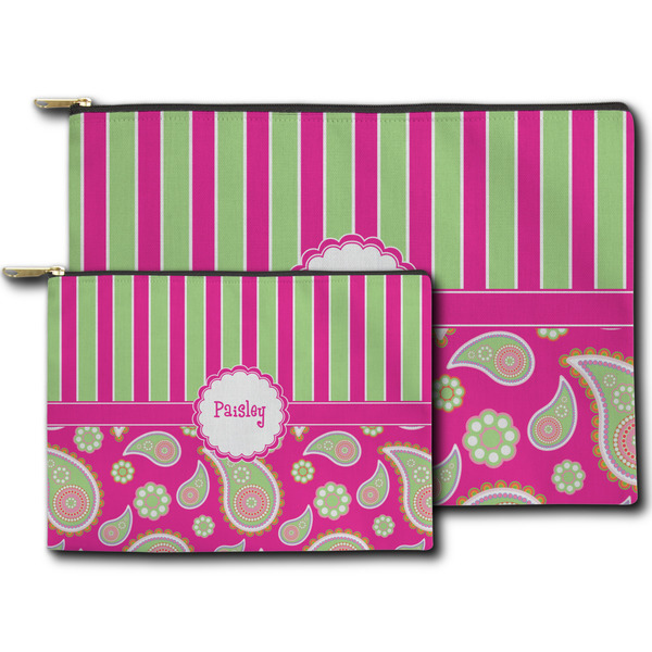 Pink & Green Paisley and Stripes Zippered Pouches - Size Comparison