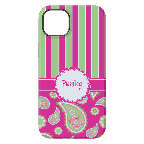 Pink & Green Paisley and Stripes iPhone 14 Plus Tough Case - Back