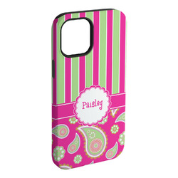 Pink & Green Paisley and Stripes iPhone Case - Rubber Lined - iPhone 15 Plus (Personalized)