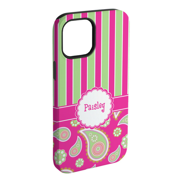 Custom Pink & Green Paisley and Stripes iPhone Case - Rubber Lined - iPhone 15 Plus (Personalized)