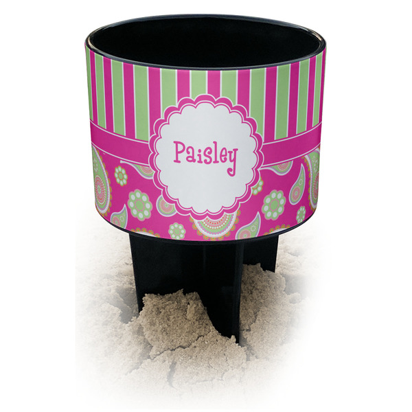 Custom Pink & Green Paisley and Stripes Black Beach Spiker Drink Holder (Personalized)