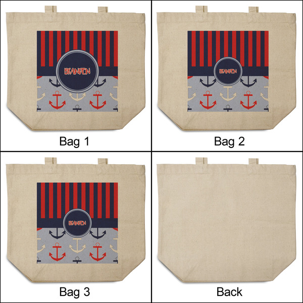 Classic Anchor & Stripes 3 Reusable Cotton Grocery Bags - Front & Back View