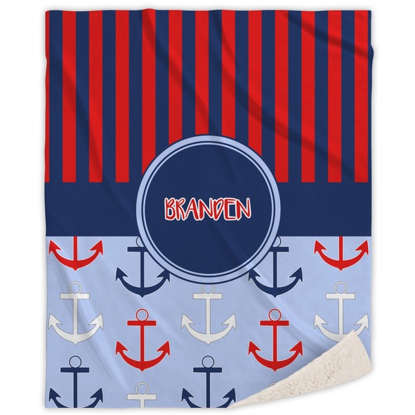 Custom Classic Anchor & Stripes Sherpa Throw Blanket - 50"x60" (Personalized)