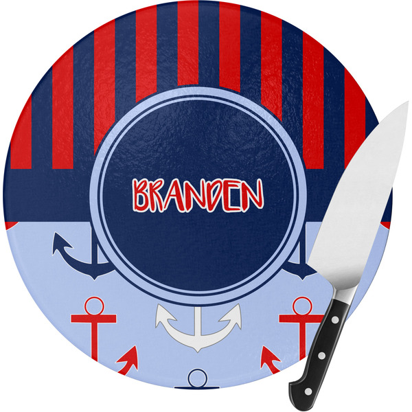 Custom Classic Anchor & Stripes Round Glass Cutting Board - Small (Personalized)