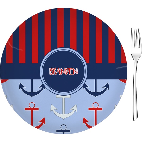 Custom Classic Anchor & Stripes 8" Glass Appetizer / Dessert Plates - Single or Set (Personalized)
