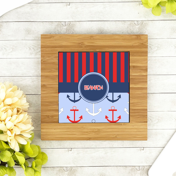 Classic Anchor & Stripes Bamboo Trivet with 6" Tile - LIFESTYLE