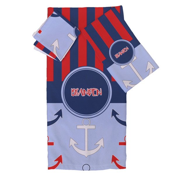 Custom Classic Anchor & Stripes Bath Towel Set - 3 Pcs (Personalized)