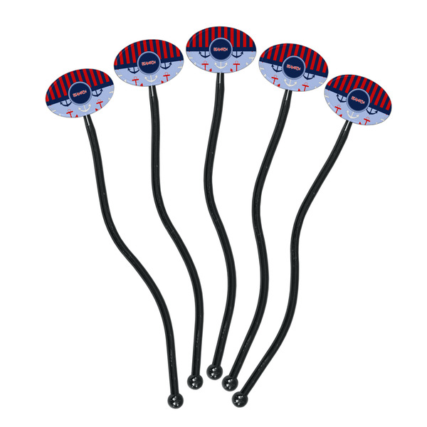 Classic Anchor & Stripes Black Plastic 7" Stir Stick - Oval - Fan