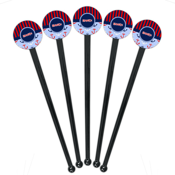 Classic Anchor & Stripes Black Plastic 7" Stir Stick - Round - Fan View