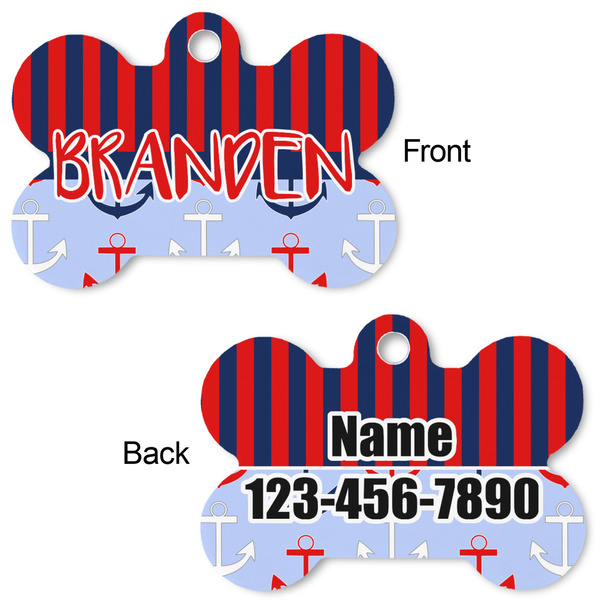 Classic Anchor & Stripes Bone Shaped Dog Tag - Front & Back