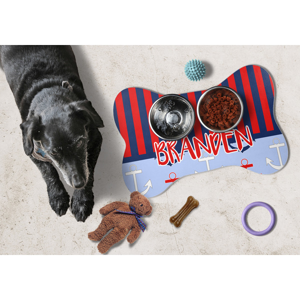 Classic Anchor & Stripes Bone Shaped Mat w/ Food & Water