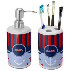 Classic Anchor & Stripes Ceramic Bathroom Accessories Set (Personalized)
