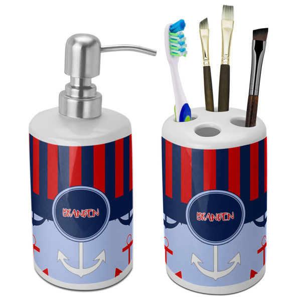 Custom Classic Anchor & Stripes Ceramic Bathroom Accessories Set (Personalized)