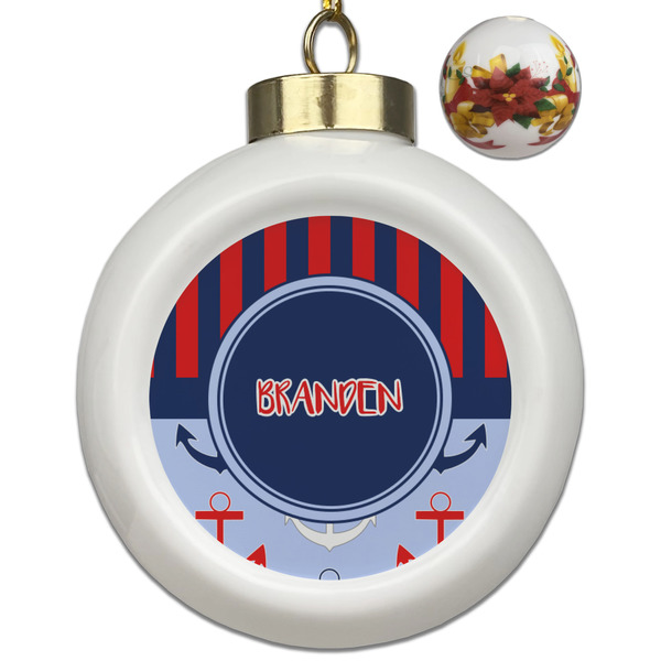 Custom Classic Anchor & Stripes Ceramic Ball Ornaments - Poinsettia Garland (Personalized)