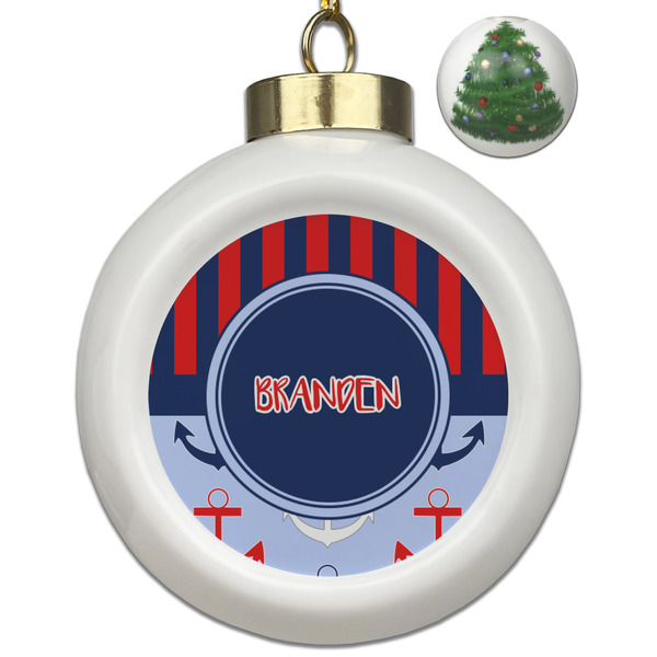 Custom Classic Anchor & Stripes Ceramic Ball Ornament - Christmas Tree (Personalized)