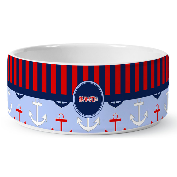 Classic Anchor & Stripes Ceramic Dog Bowl - Medium - Front