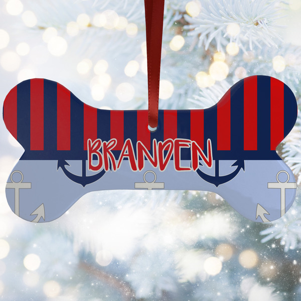 Custom Classic Anchor & Stripes Ceramic Dog Ornament w/ Name or Text