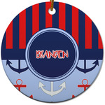 Classic Anchor & Stripes Round Ceramic Ornament w/ Name or Text