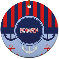 Classic Anchor & Stripes Round Ceramic Ornament w/ Name or Text