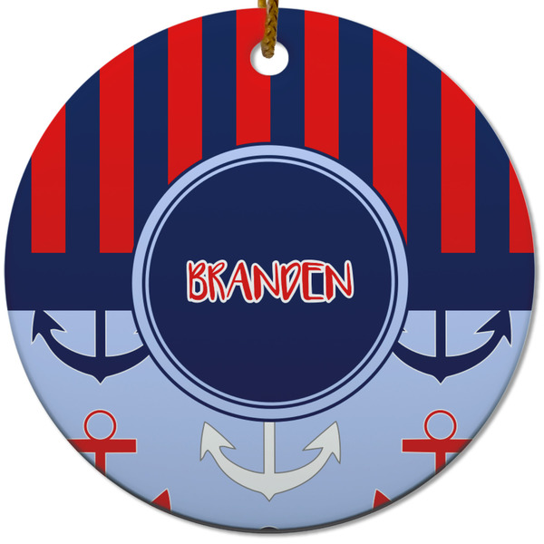 Classic Anchor & Stripes Ceramic Flat Ornament - Circle (Front)