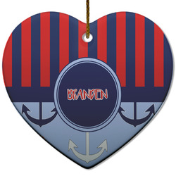 Classic Anchor & Stripes Heart Ceramic Ornament w/ Name or Text