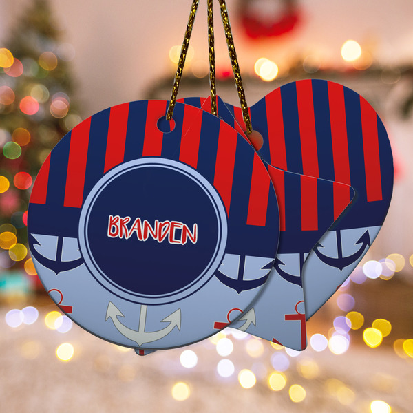 Custom Classic Anchor & Stripes Ceramic Ornament w/ Name or Text