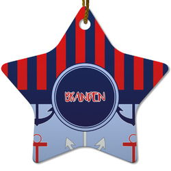 Classic Anchor & Stripes Star Ceramic Ornament w/ Name or Text