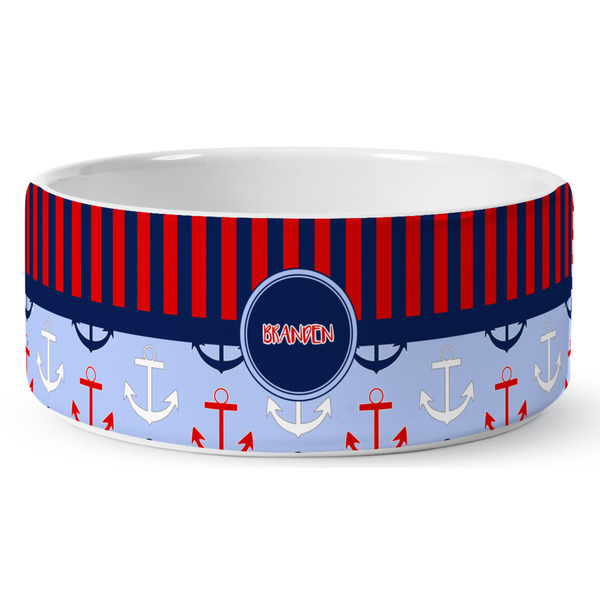 Custom Classic Anchor & Stripes Ceramic Dog Bowl - Medium (Personalized)