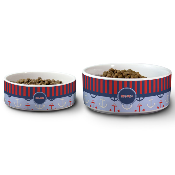 Classic Anchor & Stripes Ceramic Dog Bowls - Size Comparison
