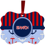 Classic Anchor & Stripes Metal Frame Ornament - Double Sided w/ Name or Text