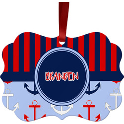 Classic Anchor & Stripes Metal Frame Ornament - Double Sided w/ Name or Text