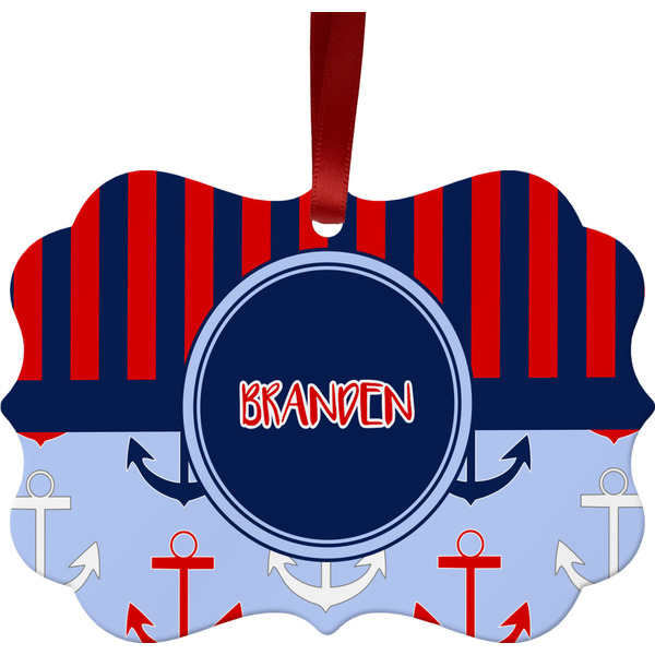 Custom Classic Anchor & Stripes Metal Frame Ornament - Double Sided w/ Name or Text