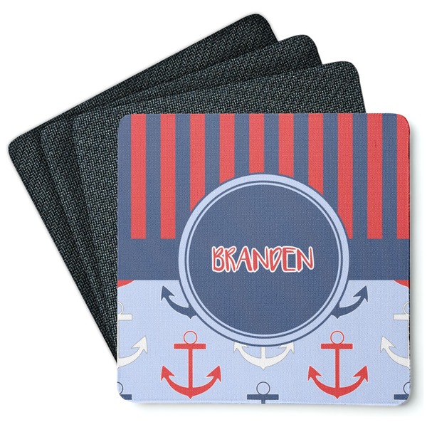 Custom Classic Anchor & Stripes Square Rubber Backed Coasters - Set of 4 (Personalized)